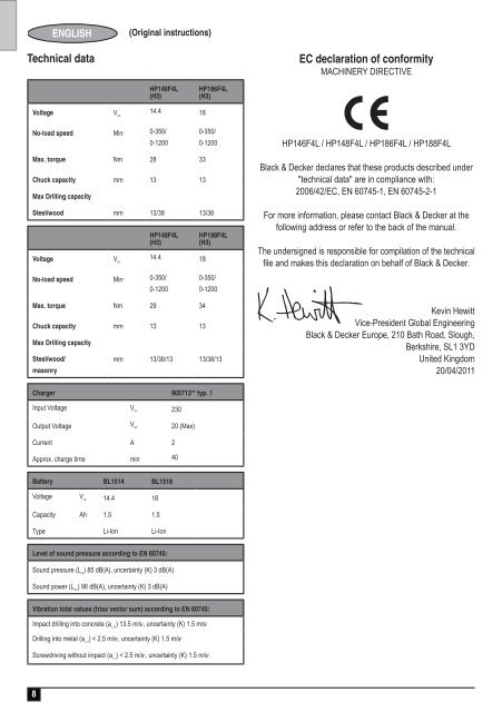 BlackandDecker Perceuse S/f- Hp148f4lbk - Type H3 - Instruction Manual (Europ&eacute;en)