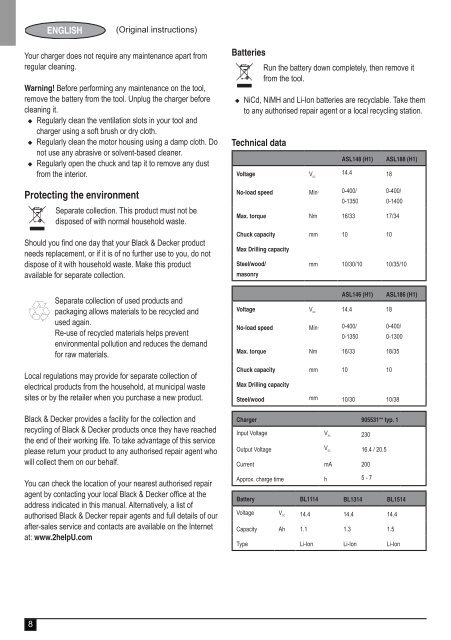 BlackandDecker Perceuse S/f- Asl148 - Type H1 - Instruction Manual (Europ&eacute;en)