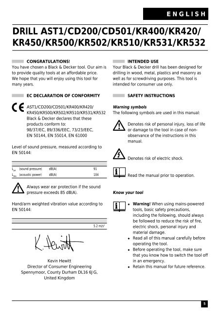 BlackandDecker Perceuse- Kr531 - Type 1 - Instruction Manual