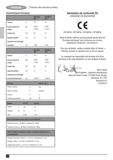 BlackandDecker Perceuse S/f- Hp146f4lbk - Type H3 - Instruction Manual (Europ&eacute;en)