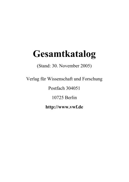 Gesamtkatalog Vwf Verlag Fur Wissenschaft Und Forschung Gmbh
