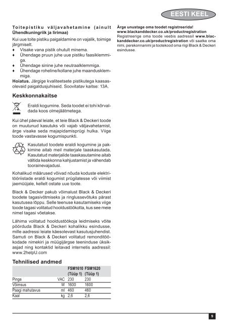 BlackandDecker Balai Laveur Vapeur- Fsm1620 - Type 1 - Instruction Manual (Estonie)