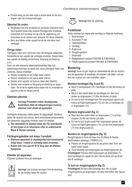 BlackandDecker Balai Laveur Vapeur- Fsm1500 - Type 1 - 2 - Instruction Manual (Europ&eacute;en)