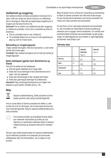 BlackandDecker Balai Laveur Vapeur- Fsm1500 - Type 1 - 2 - Instruction Manual (Europ&eacute;en)