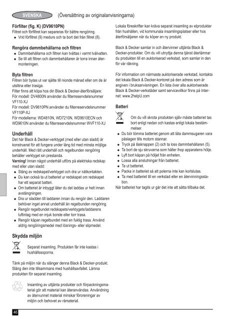 BlackandDecker Wet N'dry Vac- Wd9610ecn - Type H1 - Instruction Manual (Europ&eacute;en)