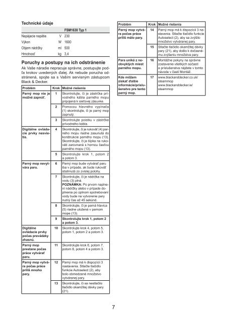 BlackandDecker Balai Laveur Vapeur- Fsm1630 - Type 1 - Instruction Manual (Slovaque)