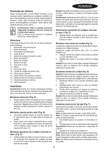 BlackandDecker Balai Laveur Vapeur- Fsmh1621 - Type 1 - Instruction Manual (Roumanie)
