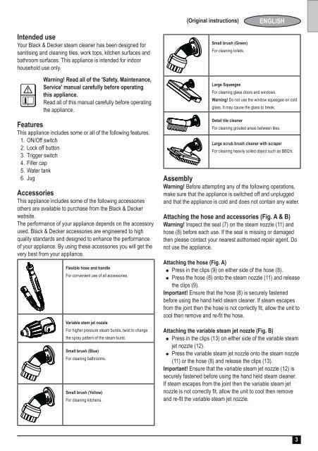 BlackandDecker Aspirateur Nettoyeur Vapeur- Fss1600 - Type 1 - Instruction Manual (Europ&eacute;en)