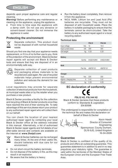 BlackandDecker Lampe- Fsl144 - Type H2 - Instruction Manual (la Hongrie)
