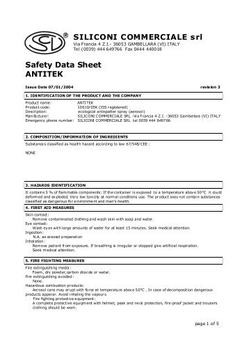 Safety Data Sheet ANTITEK SILICONI COMMERCIALE srl