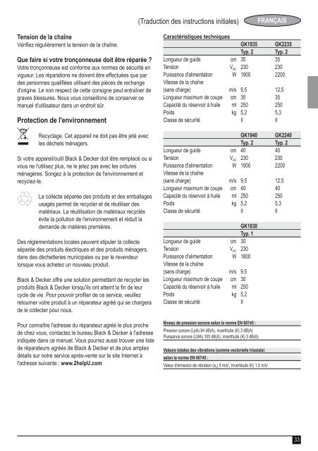 BlackandDecker Tronconneuse- Gk1935 - Type 2 - Instruction Manual (Europ&eacute;en)