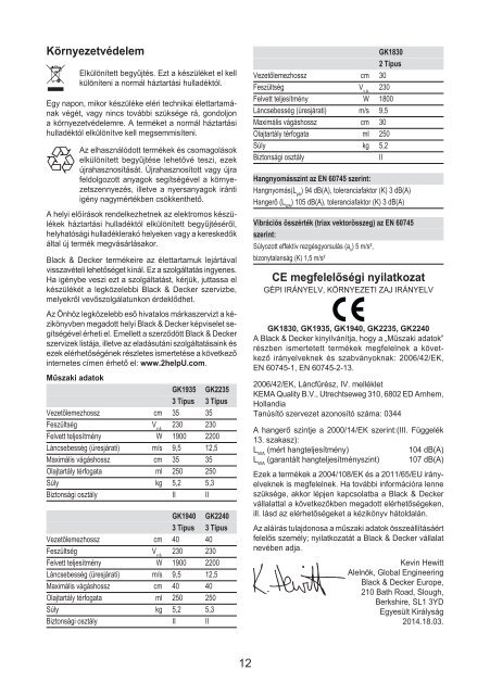 BlackandDecker Tronconneuse- Gk1830 - Type 2 - Instruction Manual (la Hongrie)