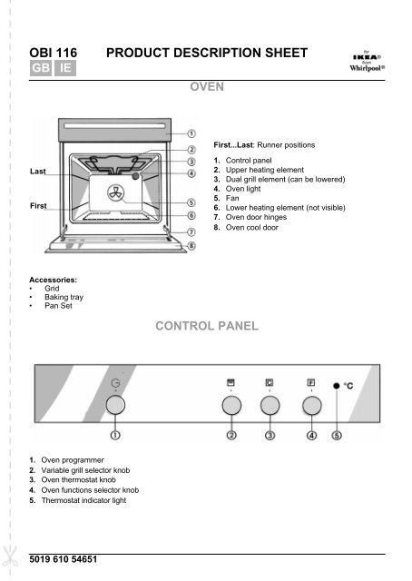 KitchenAid OBI 116 B - Oven - OBI 116 B - Oven EN (854147815020) Guide de  consultation rapide