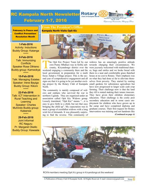 Rotary Club of Kampala North Bulletin - February 1-7, 2016