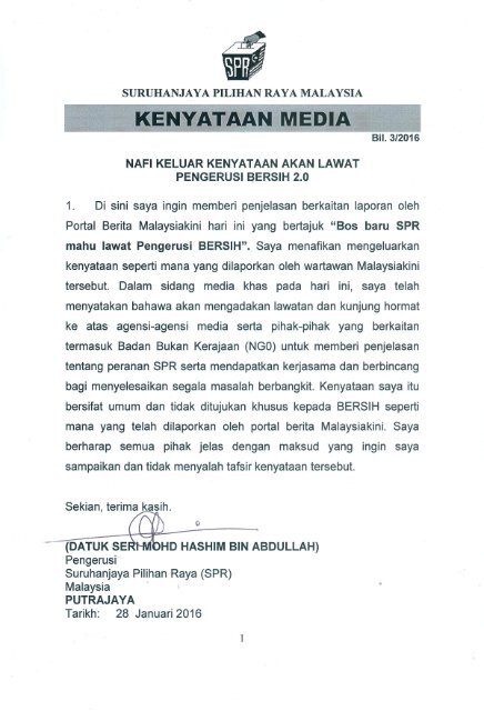 KENYATAAN MEDIA – PENGERUSI SPR NAFI KELUAR KENYATAAN AKAN LAWAT PENGERUSI BERSIH 2.0