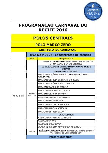 PROGRAMAÇÃO CARNAVAL DO RECIFE 2016 POLOS CENTRAIS