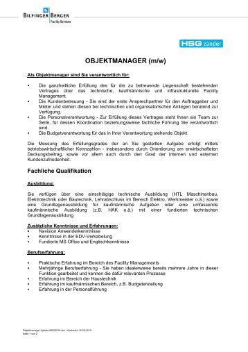 OBJEKTMANAGER (m/w) - HSG Zander GmbH