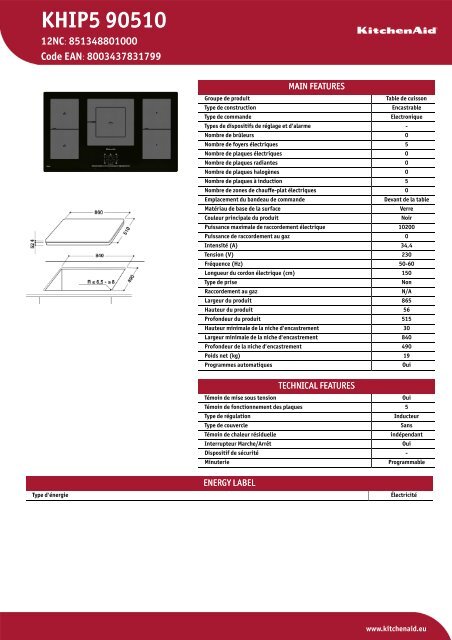 KitchenAid TABLE INDUCTION 90 CM KHIP5 90510 - Productinformatie -  Fran&amp;ccedil;ais