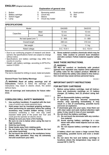 Makita Perceuse visseuse d'angle 10,8 V Li-ion 1,3 Ah &Oslash; 10 mm &agrave; cl&eacute; - DA330DWJ - Notice