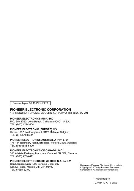 Pioneer PRS-X340 - User manual - su&eacute;dois