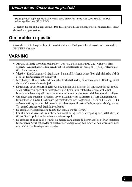 Pioneer PRS-X340 - User manual - su&eacute;dois