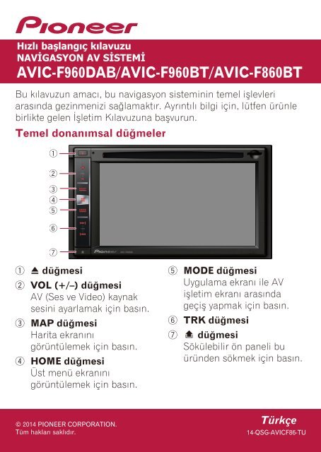 Pioneer AVIC-F860BT - Quickstart manual - turc