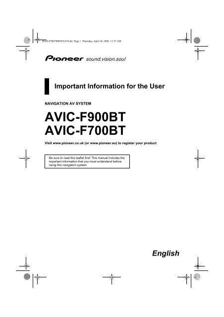 Pioneer Avicf700bt Navigation System User Manual