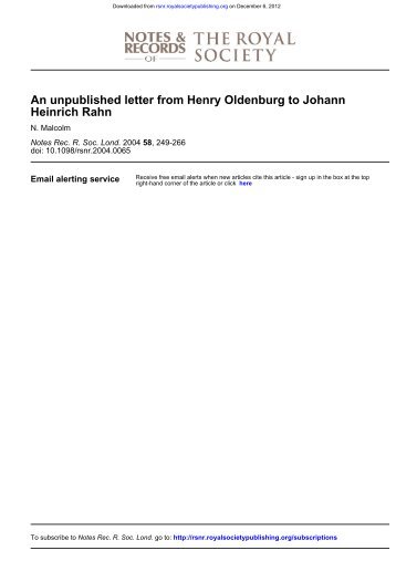 an unpublished letter from henry oldenburg to johann heinrich rahn