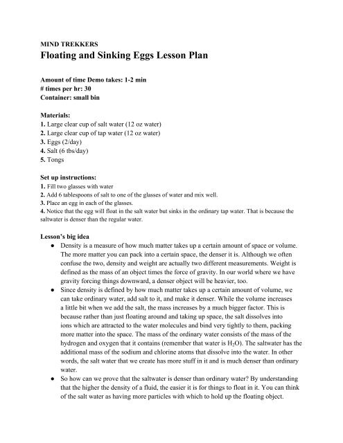 Floating And Sinking Eggs Lesson Plan Mtu Mind Trekkers