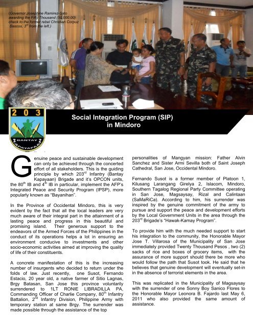 Social Integration Program Social Integration Program (SIP) in Mindoro - Philippine Army