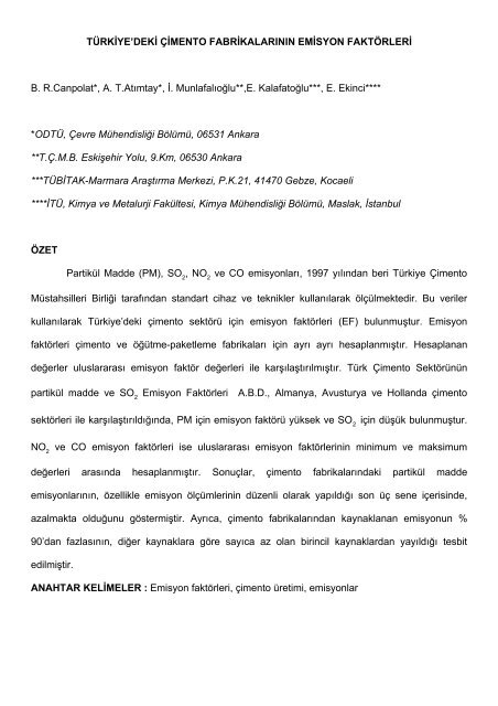 türkiye'deki çimento fabrikalarının emisyon faktörleri