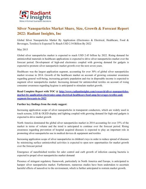 Silver Nanoparticles Market Share, Size, Growth & Forecast Report 2022 Radiant Insights, Inc