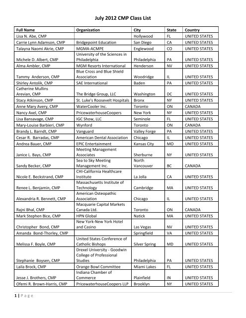 July 2012 CMP Class List - Convention Industry Council - YUMPU