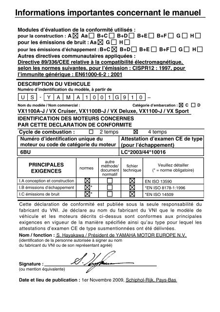 Yamaha VX Sport - 2010 - Mode d'emploi Fran&ccedil;ais