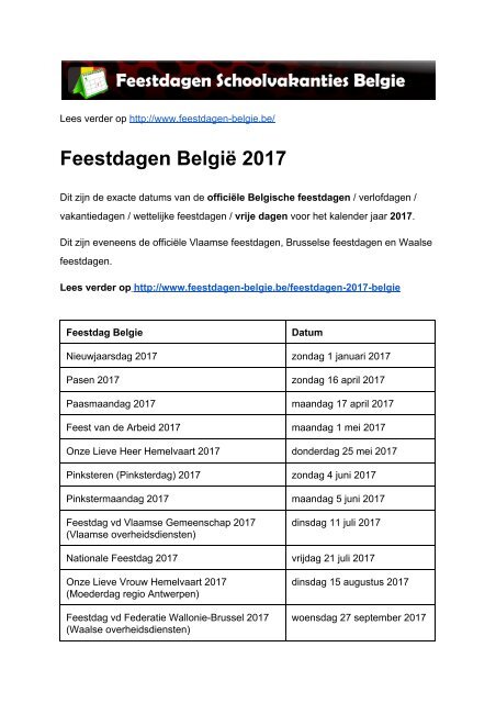 Feestdagen 2017 Belgie - Exacte datums op kalender
