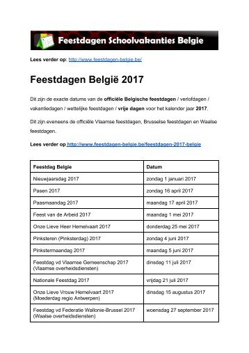 Feestdagen Belgie - Exacte datums op kalender