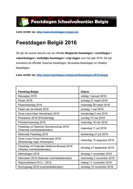 Feestdagen Belgie - Exacte datums op kalender