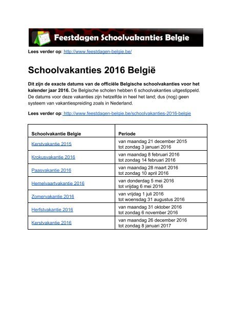 Schoolvakanties 2016 Belgie - Exacte datums op kalender