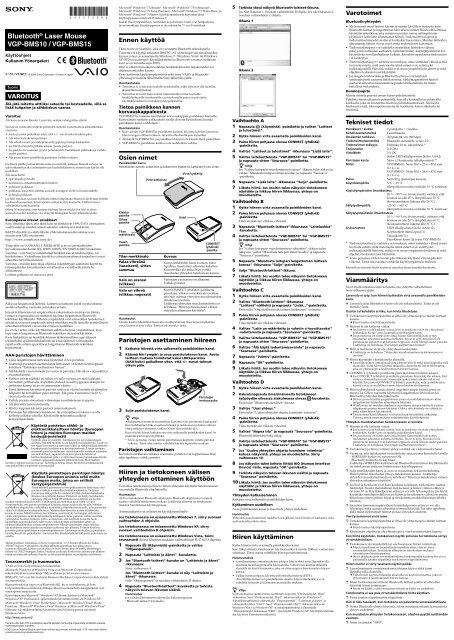 Sony VGP-BMS15C - VGP-BMS15C Mode d'emploi Finlandais