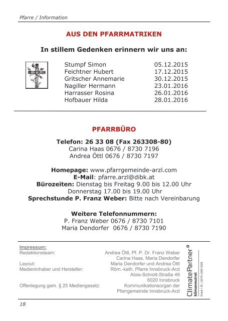 Pfarrbrief Innsbruck / Arzl - Nr. 1 Fastenzeit / Ostern 2016