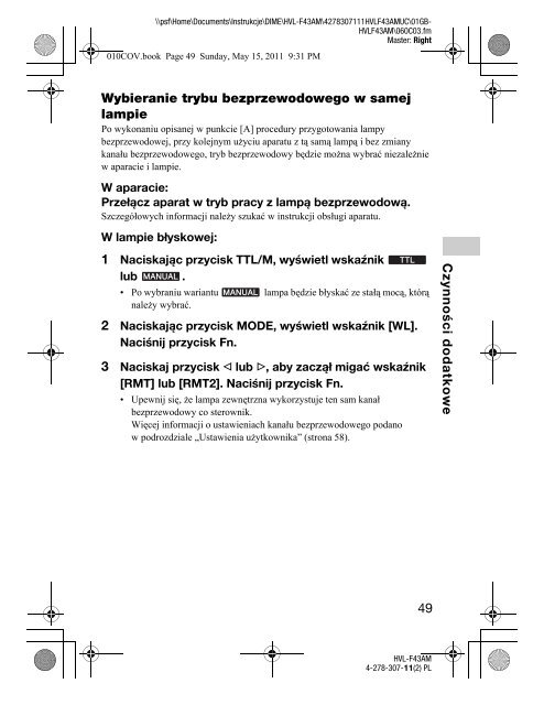 Sony HVL-F43AM - HVL-F43AM Consignes d&rsquo;utilisation Polonais