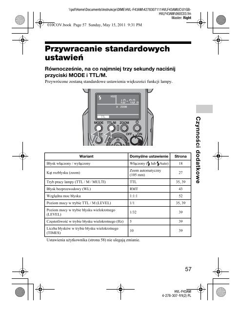 Sony HVL-F43AM - HVL-F43AM Consignes d&rsquo;utilisation Polonais