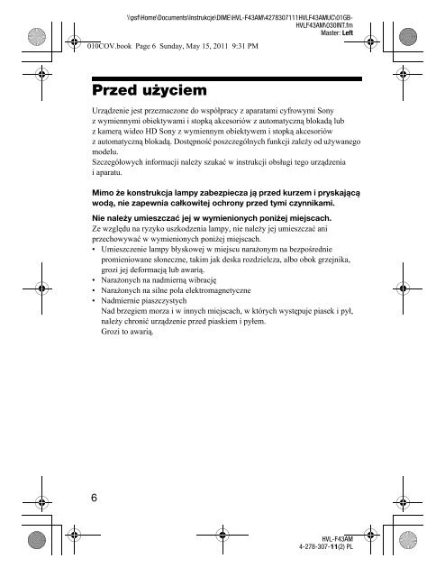 Sony HVL-F43AM - HVL-F43AM Consignes d&rsquo;utilisation Polonais