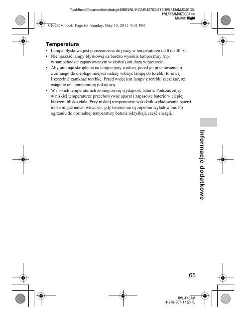 Sony HVL-F43AM - HVL-F43AM Consignes d&rsquo;utilisation Polonais