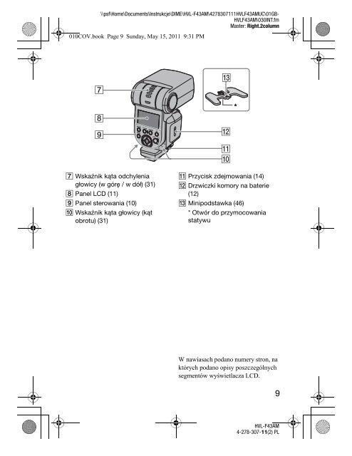 Sony HVL-F43AM - HVL-F43AM Consignes d&rsquo;utilisation Polonais