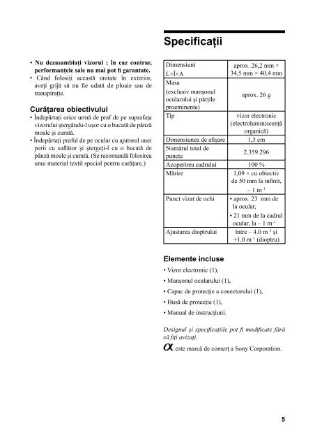 Sony FDA-EV1S - FDA-EV1S Mode d'emploi Roumain