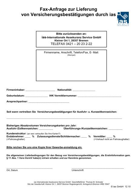 Fax-Anfrage zur Lieferung von Versicherungsbestätigungen durch ias