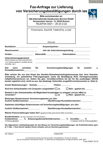 Fax-Anfrage zur Lieferung von Versicherungsbestätigungen durch ias