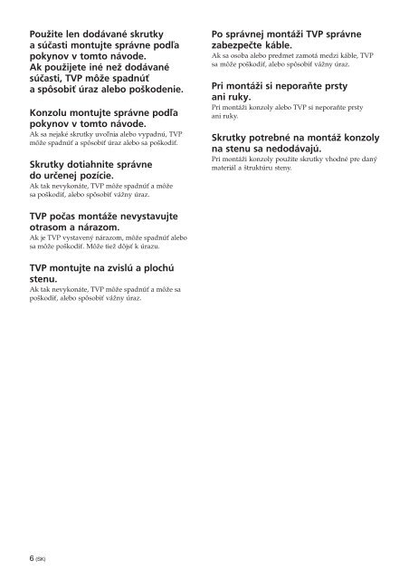 Sony SU-PW3M - SU-PW3M Consignes d&rsquo;utilisation Slovaque