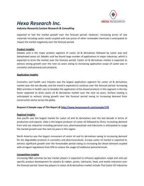 Global Castor Oil And Derivatives Market Analysis, Market Growth, Trends and Segment Forecasts To 2020